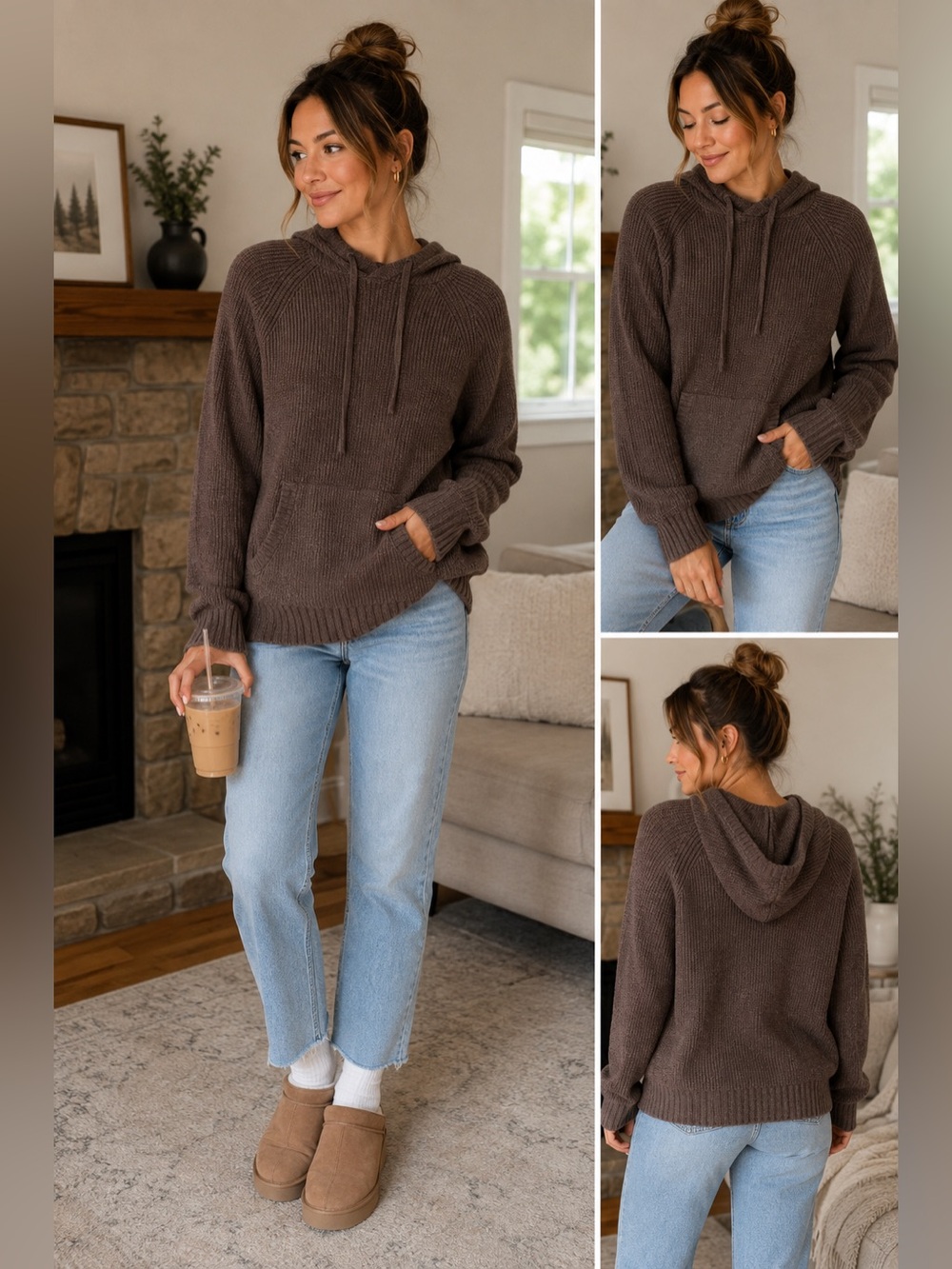 American Eagle Outfitters Brown Crewneck Knit Hoodie Sweater
